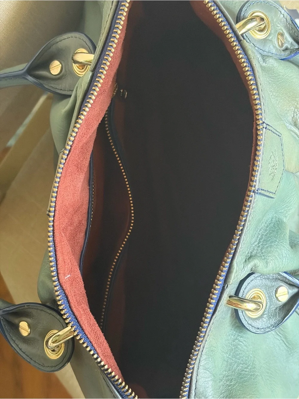 NWT Tre Vero Luxurious Italian Leather Satchel Handbag in blended Teal and Green